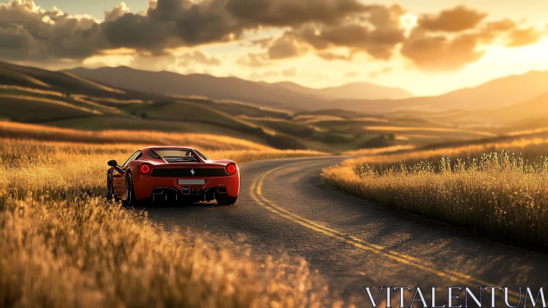 Crimson supercar drifts into a molten gold country sunset road.