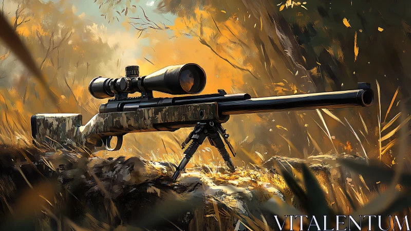 Tactical Sniper Rifle with Scope Mounted on Bipod in Desert Environment