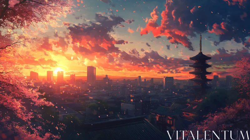 Sunset over Sakura City with silhouetted temple skyline.