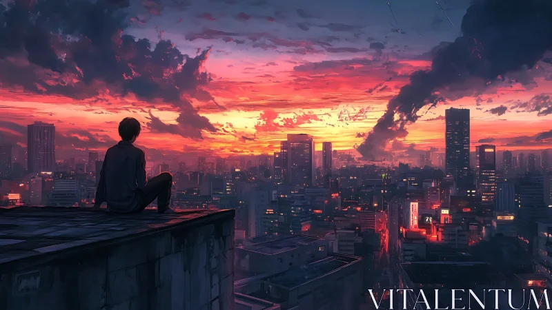 Digital painting skyline study with solitary rooftop figure at dusk.