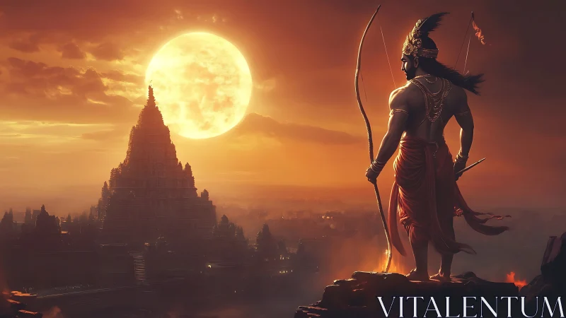 Mythic archer overlooking temple beneath molten sunset.