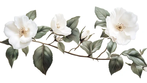 Botanical illustration depicting white roses with classical watercolor technique and naturalistic fo