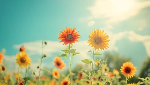 Sunflower Field Composition Under Luminous Turquoise Sky.