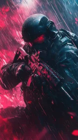 Stormlit cyber soldier stalks through neon-torn rainfall