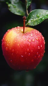 Ripe red apple hangs after rain in lush garden light