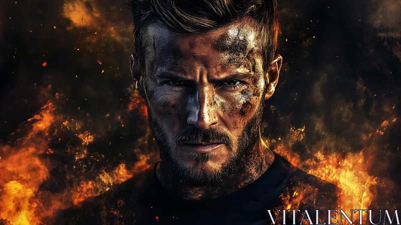 Fierce warrior locks eyes amid swirling flames and sparks