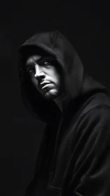 Hooded shadow dweller in razor-edged monochrome light.