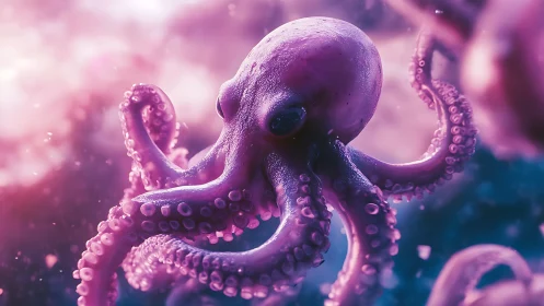 Bioluminescent octopus rendered in neon magenta bokeh seascape