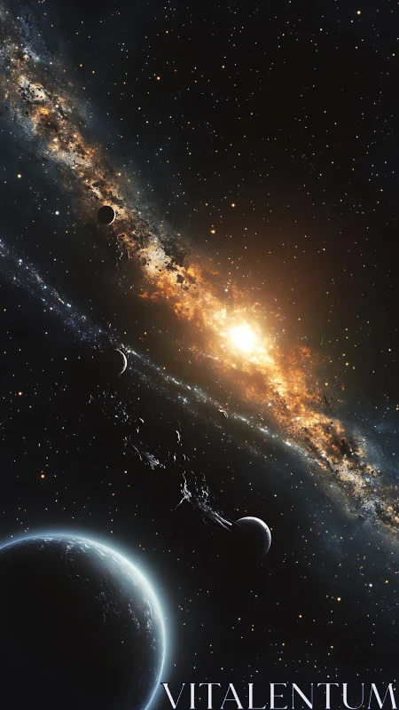 Starborn river of fire curling through a quiet planet chain.