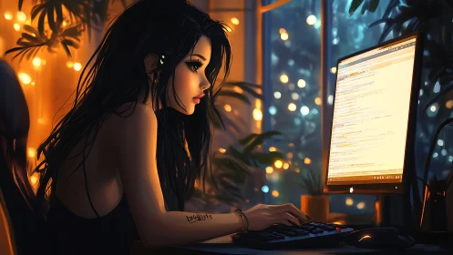 Night coder in warm bokeh-lit studio environment.