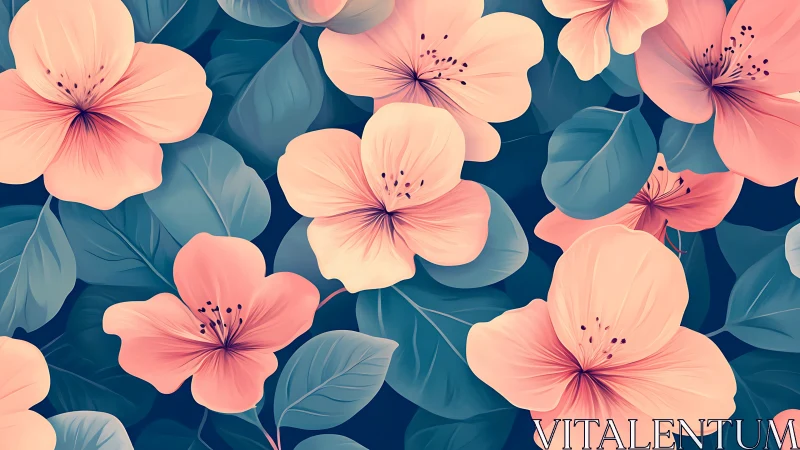 Blossoms Dance: Coral Petals Waltz Through Teal Dreams.