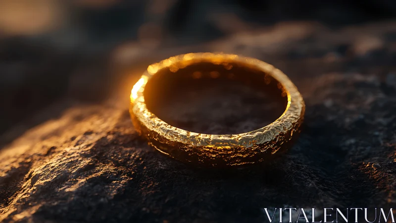 Photorealistic macro study of a weathered golden ring on stone.