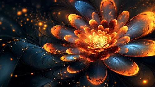 Glowing fractal flower opens in swirling blue and amber light