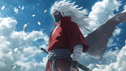 Wind-tossed swordsman standing tall beneath bright skies.
