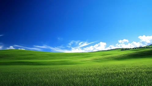 Emerald hills bask under electric-blue noon sky hush.