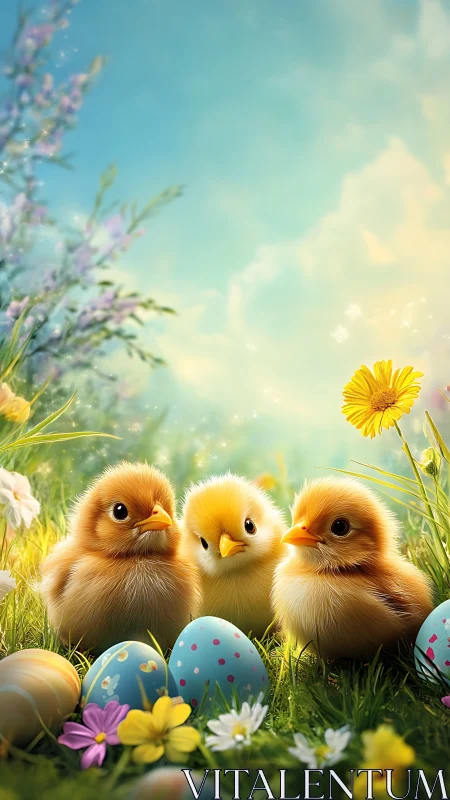Three fluffy chicks among painted Easter eggs in meadow