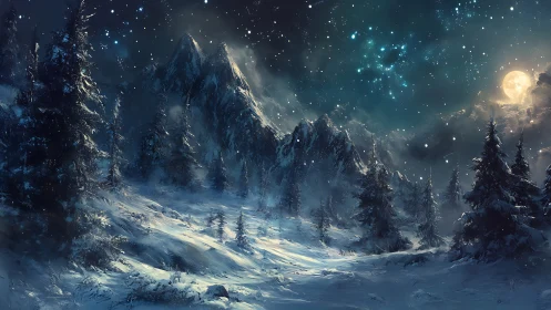 Moonlit alpine snowfield under luminous winter constellations.