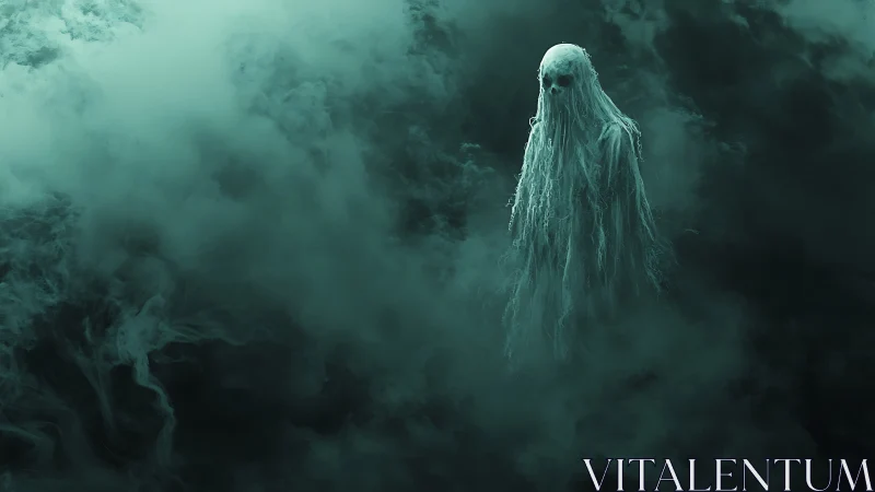 Gentle ghost drifting alone through swirling teal mist.
