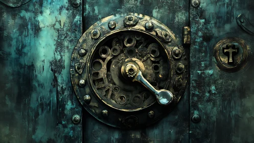 Weathered steampunk vault door with worn metal secrets.