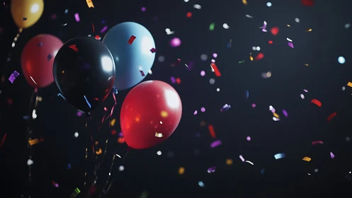 Vibrant Balloons Dancing in Festive Confetti Celebration.
