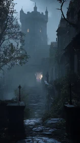 Rainy stone castle path invites a quiet, moody adventure