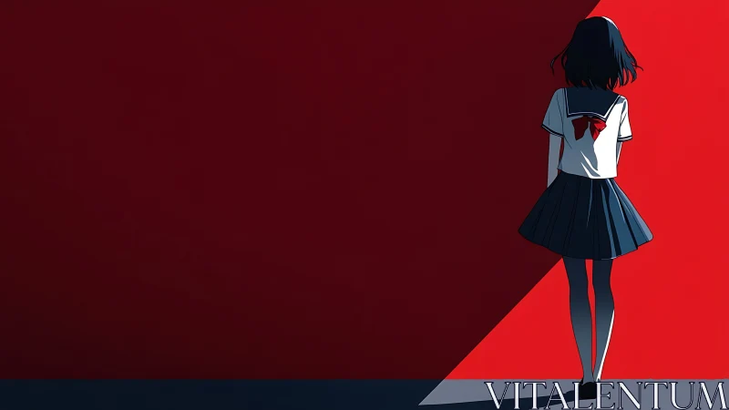 Quiet girl in shadow against bold red afternoon wall.