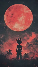 Silhouetted warrior under colossal crimson moonscape.
