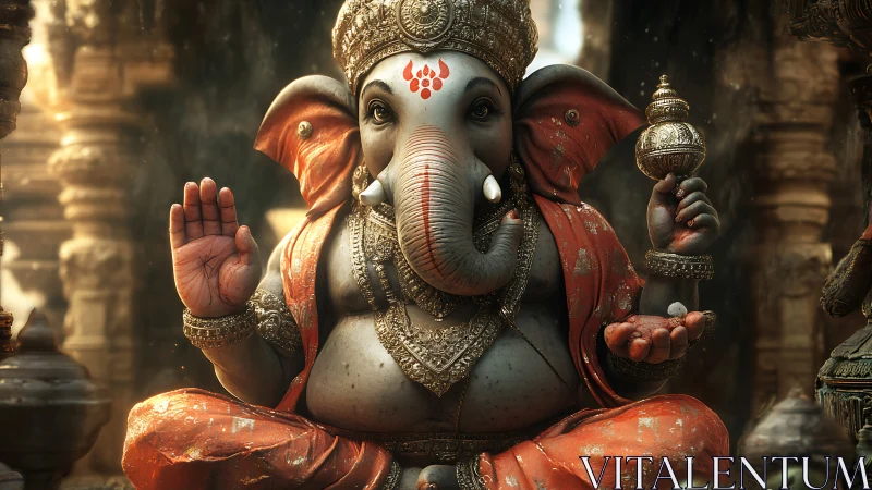 Ganesha idol rendered in ornate temple light with warm bokeh.