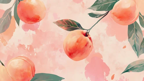 Ripe peaches hang over soft watercolor peach background