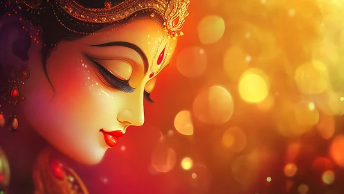 Graceful goddess portrait glowing in warm festive light.