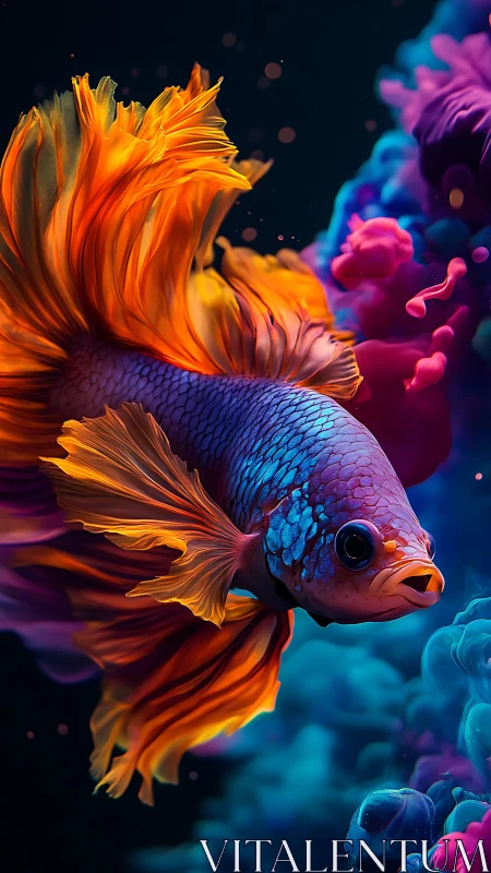 Vibrant betta fish with flowing fins in abstract water.