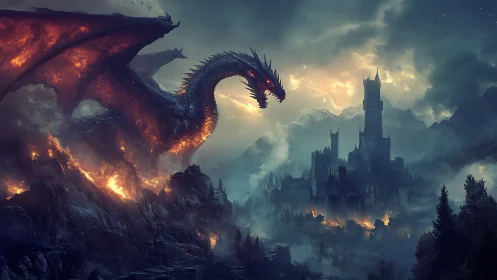 Firelit dragon siege engulfs gothic mountain citadel in smoke