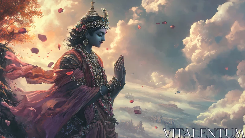 Robe-clad figure stands in profile amid drifting petals and clouds