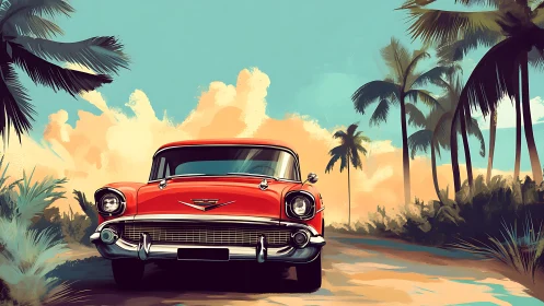 Sunlit classic car cruising a tropical palm-lined road.