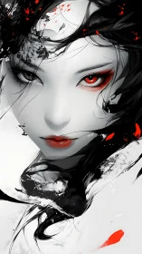 Mystical red‑eyed muse wrapped in bold ink and whispers.