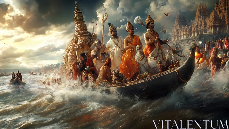 Epic Hindu deities crossing stormy sacred river scene.