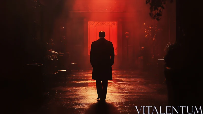 Solitary figure walks toward a glowing red city gateway