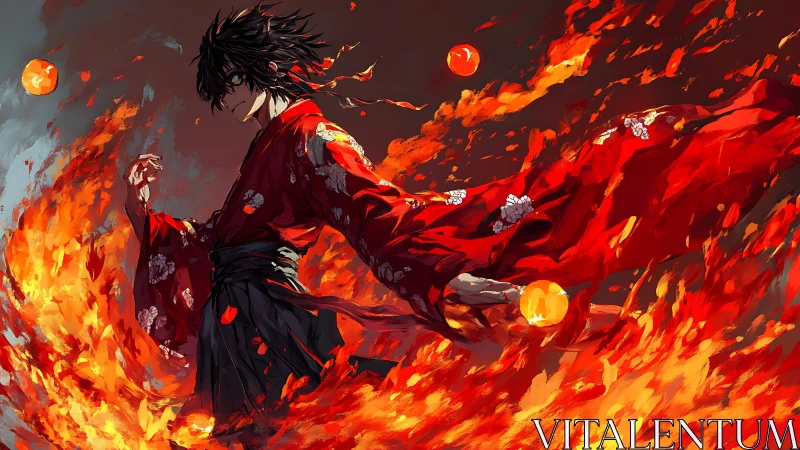 Fire-wielding warrior in red kimono stands amid swirling flames