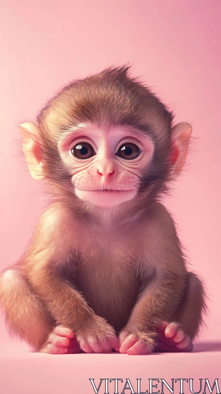 Hyperreal baby monkey portrait on seamless pastel pink ground