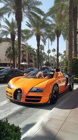 Sunlit orange supercar prowls a palm lined luxury avenue.