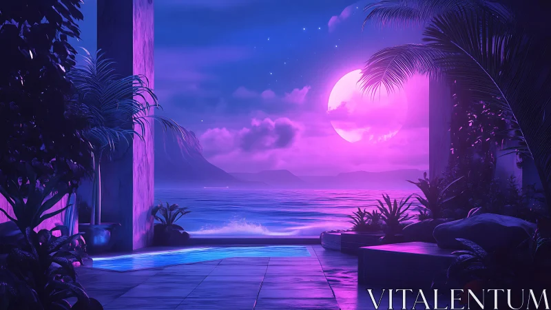 Dreamy moonlit terrace over glowing neon waves.