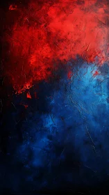Textured red and blue abstract field in bold impasto color.