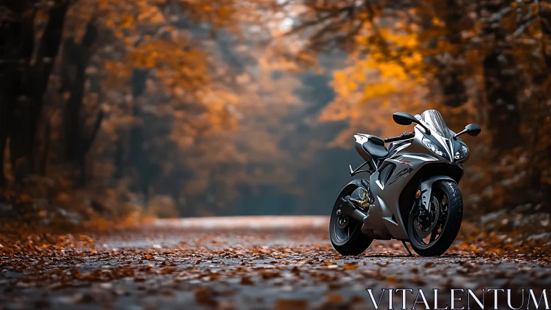 Sport motorcycle on autumn forest road, low-angle photographic study.