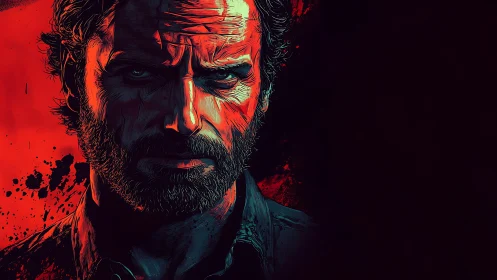 Intense bearded man portrait on red splattered background.