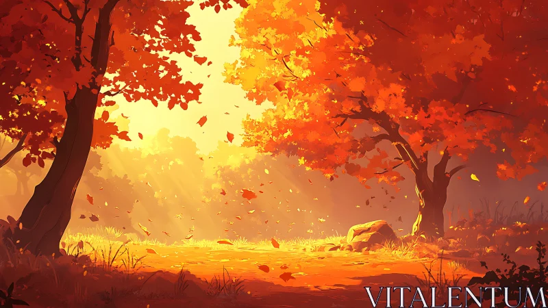 Radiant volumetric light across stylized autumn forest clearing.
