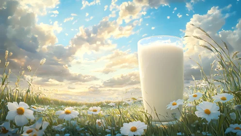 Sunlit glass of milk amid dreamy daisy meadow landscape.