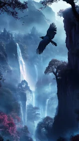 Raven soars above misty blue canyon and tall waterfalls.
