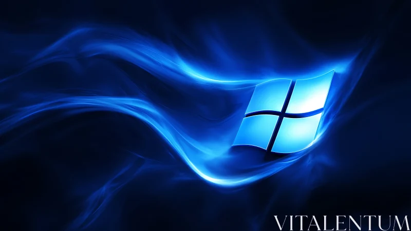 Glowing Windows-style logo suspended in dynamic blue light waves
