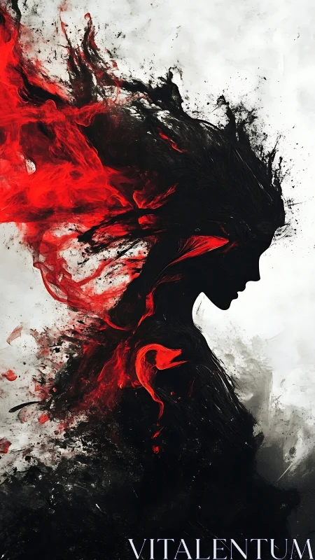 Silhouette goddess erupts through crimson smoke plumes.