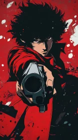 Dynamic close-range gunman in high-contrast cel-shaded red composition